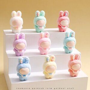 Mini Bunny Figure Set – 9 PCS Pastel Flocked Figures ~2” Tall